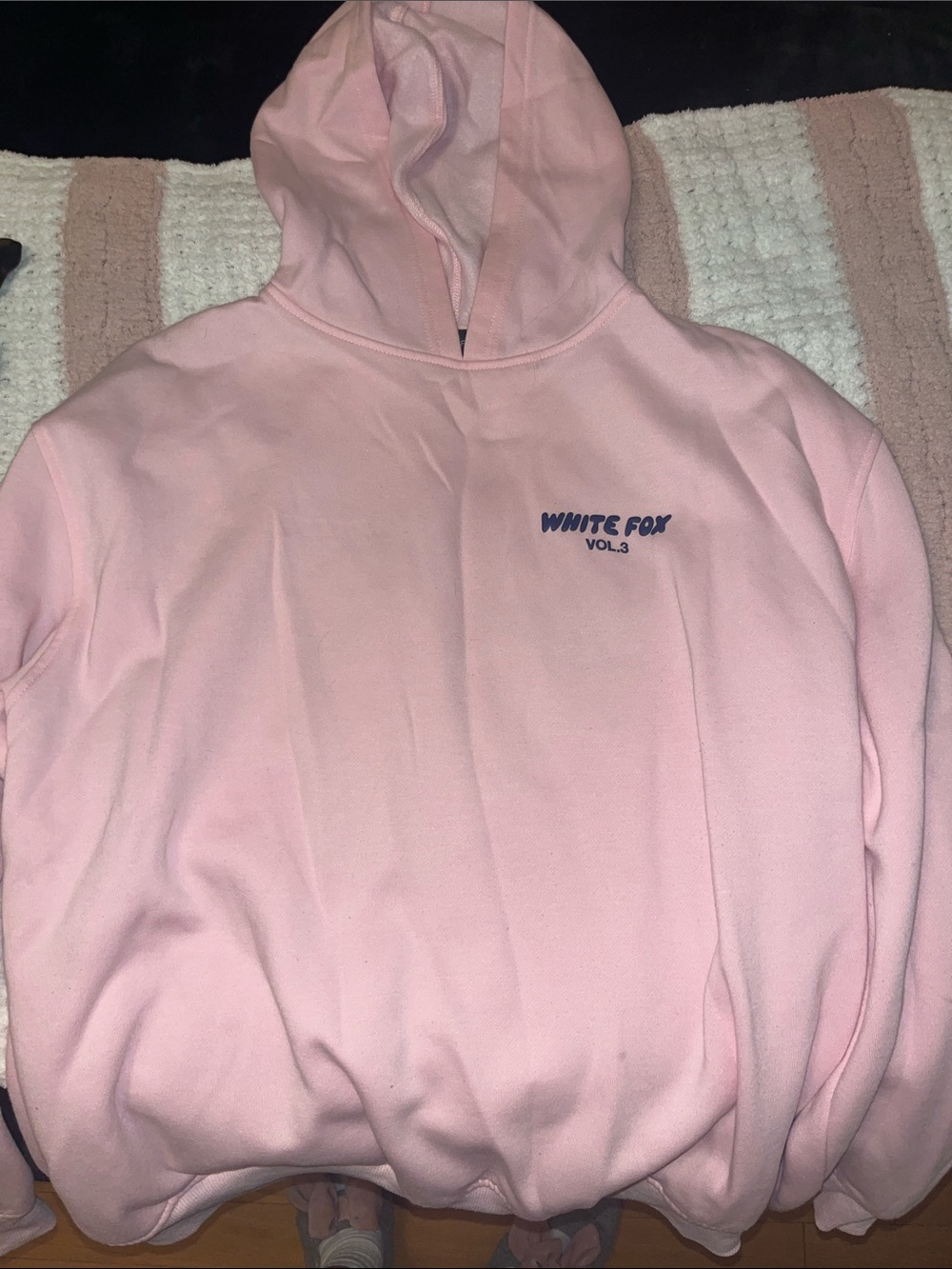 White Fox hoodie sweatshirt size L. Pink and navy blue